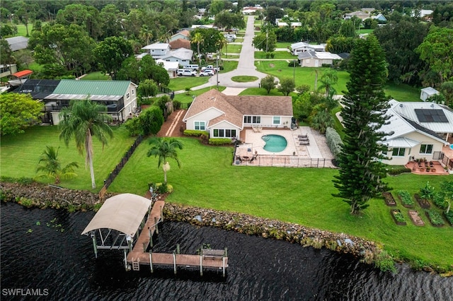 drone / aerial view featuring a water view