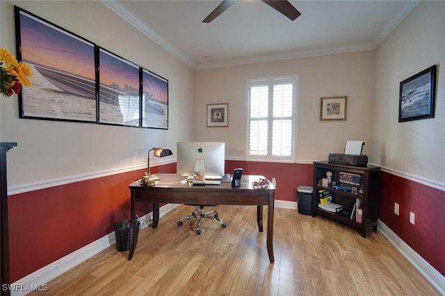 office space featuring light hardwood / wood-style flooring, ceiling fan, and ornamental molding