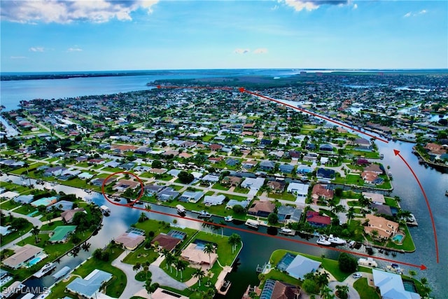 aerial view featuring a water view