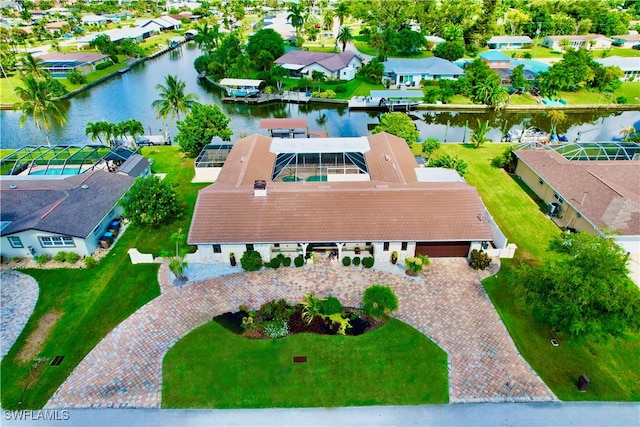 aerial view featuring a water view