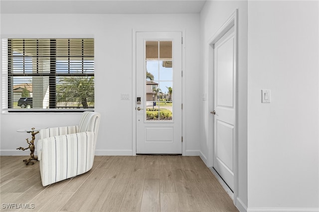 entryway with radiator, light hardwood / wood-style flooring, and a wealth of natural light