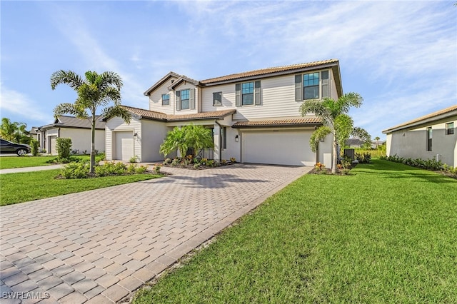 view of front facade with a front lawn and a garage