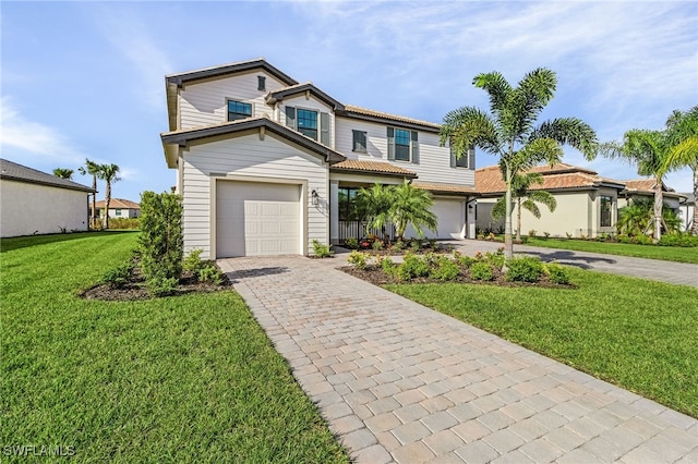 view of front of property with a garage and a front lawn