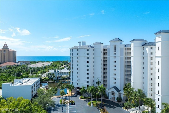 drone / aerial view with a water view