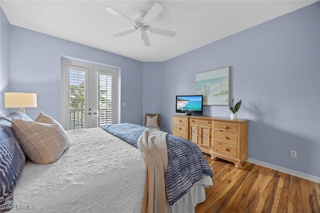 bedroom with ceiling fan, wood-type flooring, french doors, and access to exterior