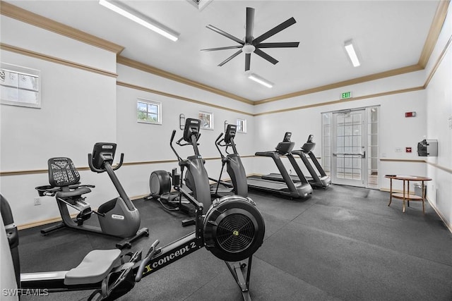 gym with ceiling fan and ornamental molding