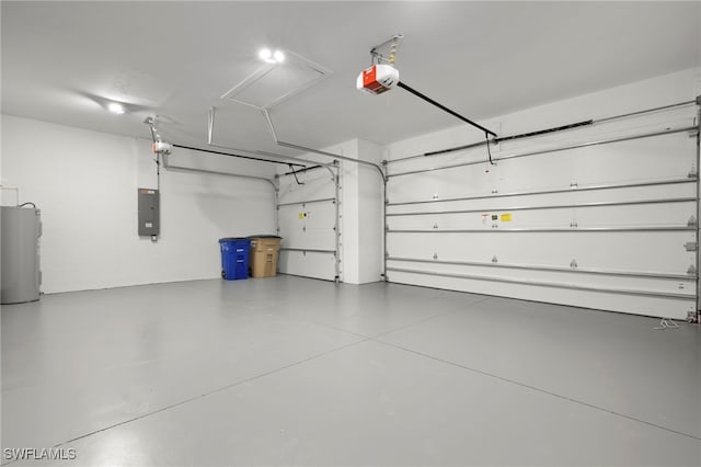 garage with water heater, a garage door opener, and electric panel