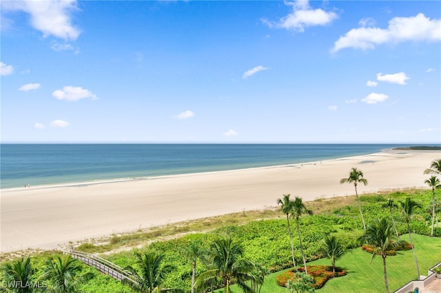 view of water feature with a beach view