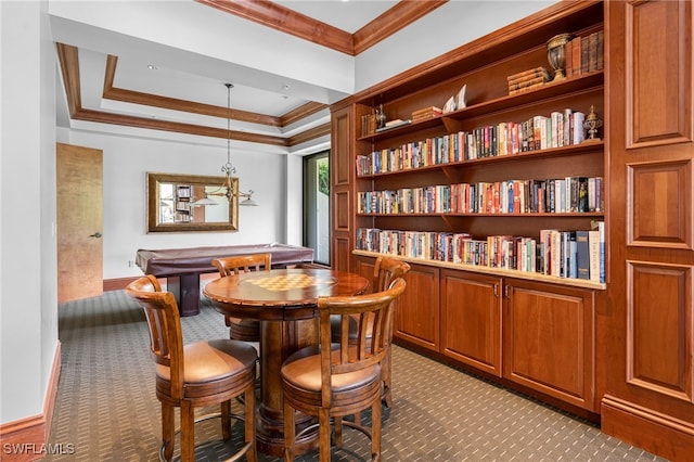 dining space featuring light carpet, billiards, and crown molding