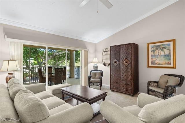 living room with crown molding, vaulted ceiling, light carpet, and ceiling fan