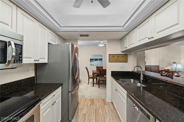 kitchen featuring ceiling fan, white cabinets, stainless steel appliances, and sink