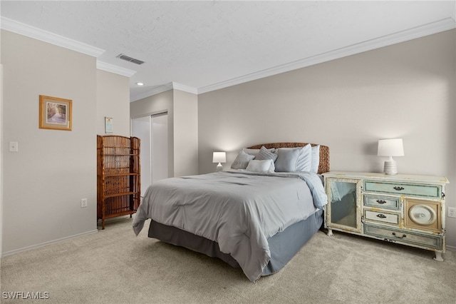 carpeted bedroom with a closet and ornamental molding