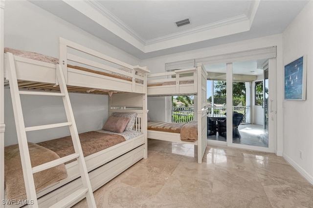 255 Mermaids Bight, Naples, FL 34103 - unfurnished bedroom with access to exterior, visible vents, crown molding, and a tray ceiling