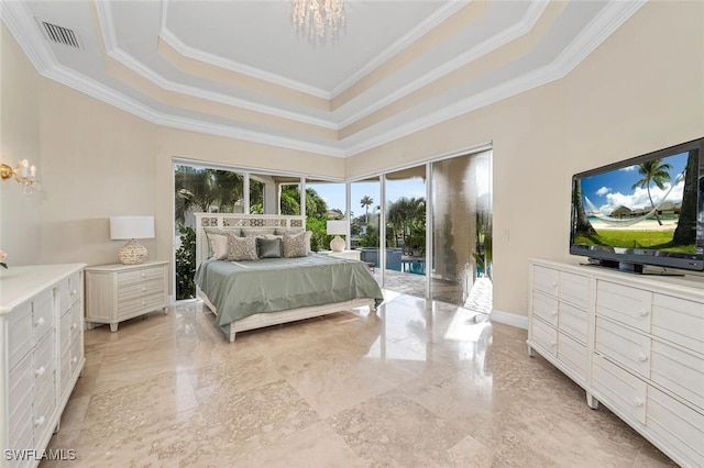 bedroom with ornamental molding, a notable chandelier, a raised ceiling, and access to outside