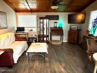 living room featuring wood ceiling and dark hardwood / wood-style floors