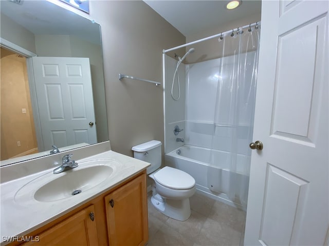 full bathroom with shower / tub combo, tile patterned flooring, vanity, and toilet