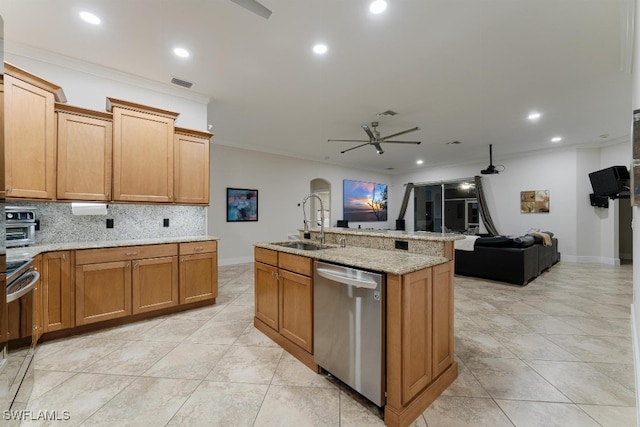 kitchen with ceiling fan, sink, dishwasher, crown molding, and decorative backsplash