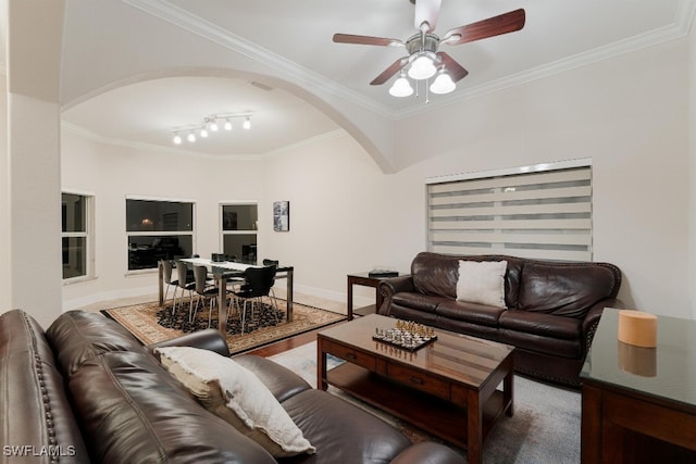 living room with ceiling fan, crown molding, and wood-type flooring