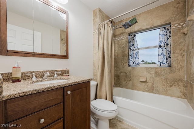 full bathroom with shower / bathtub combination with curtain, vanity, and toilet