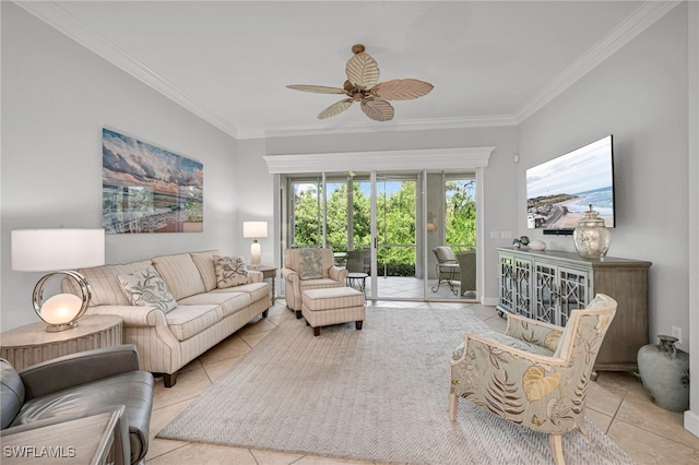 tiled living room with ornamental molding and ceiling fan