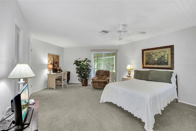 bedroom featuring ceiling fan and light colored carpet