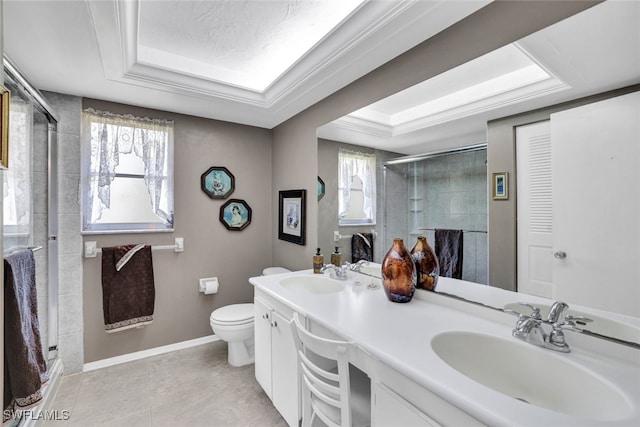 521 Piper Blvd, Naples, FL 34110 - full bath featuring a raised ceiling, a shower stall, baseboards, toilet, and double vanity