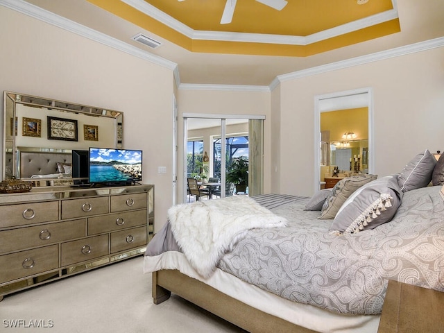 bedroom with ornamental molding, access to exterior, and ceiling fan