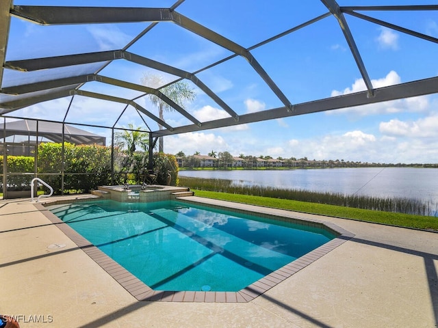 view of swimming pool with a lanai, a patio, an in ground hot tub, and a water view