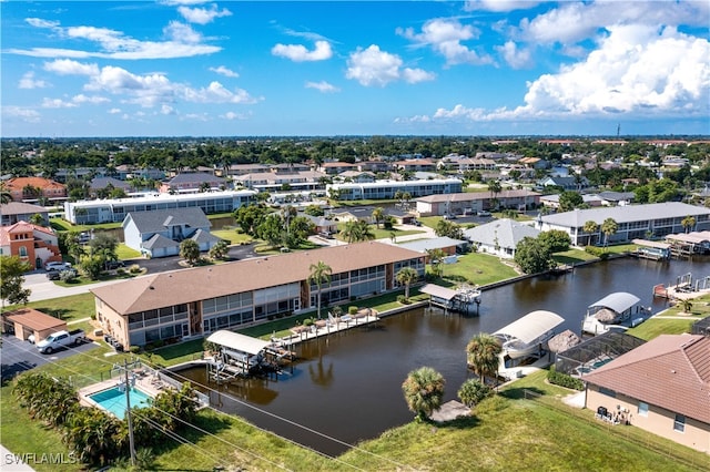 bird's eye view with a water view