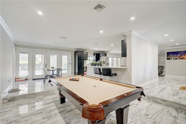 game room featuring pool table, french doors, and crown molding