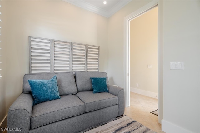 living room with ornamental molding and light tile patterned floors