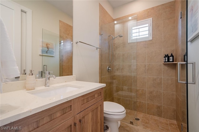 bathroom with vanity, toilet, and a shower with shower door