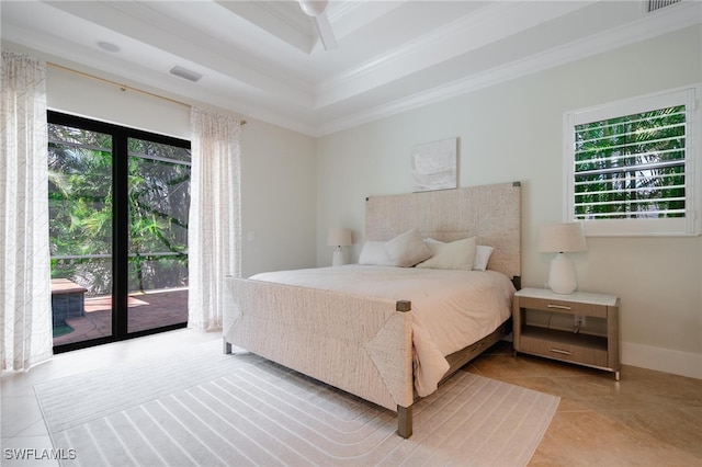 bedroom with light tile patterned floors, multiple windows, access to outside, and ceiling fan