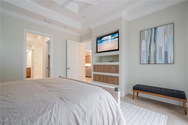 bedroom with ensuite bathroom, ornamental molding, and ceiling fan