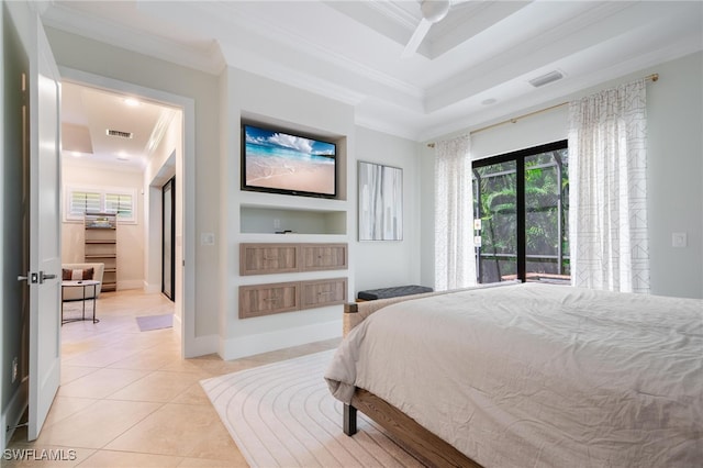 tiled bedroom with crown molding and ceiling fan