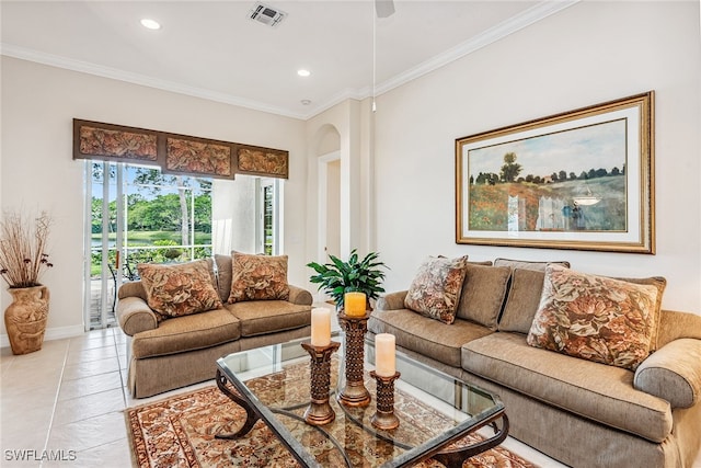 tiled living room with ornamental molding