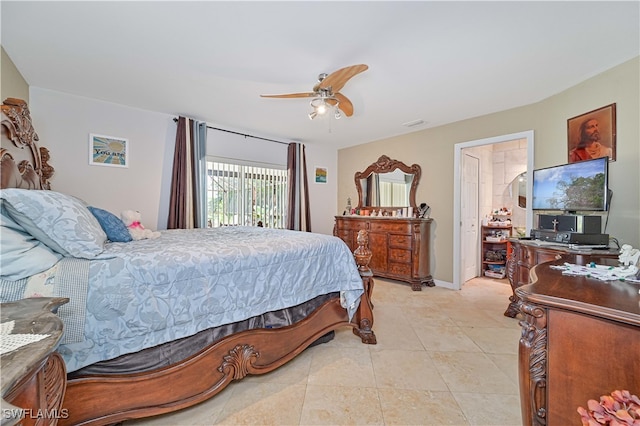 tiled bedroom featuring ceiling fan and access to outside