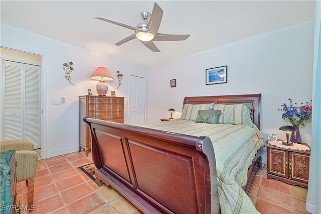 bedroom with ceiling fan and a closet