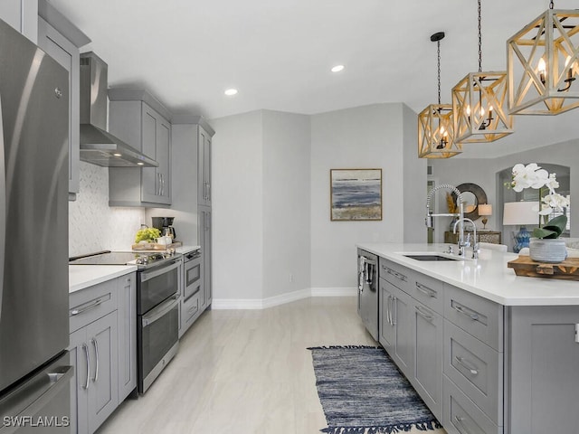 kitchen featuring pendant lighting, gray cabinets, stainless steel appliances, sink, and wall chimney range hood