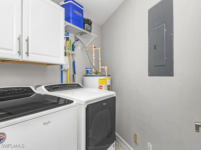 laundry area featuring water heater, electric panel, washer and clothes dryer, and cabinets