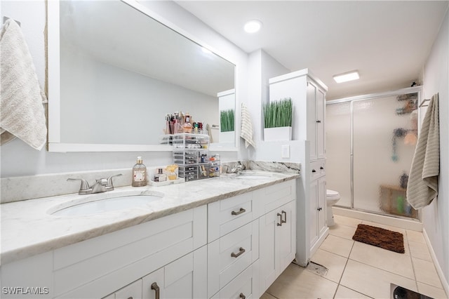 bathroom with walk in shower, vanity, toilet, and tile patterned floors