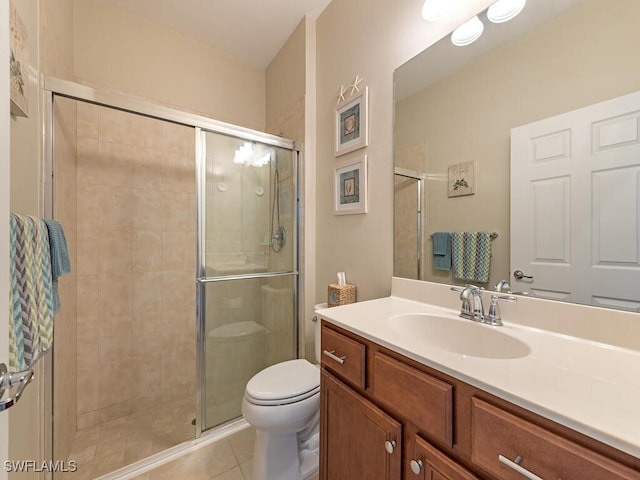 bathroom with tile patterned flooring, vanity, toilet, and an enclosed shower