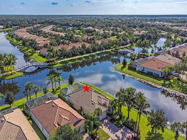 aerial view featuring a water view