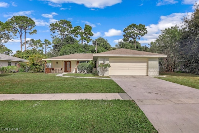 single story home featuring covered porch, a front yard, and a garage