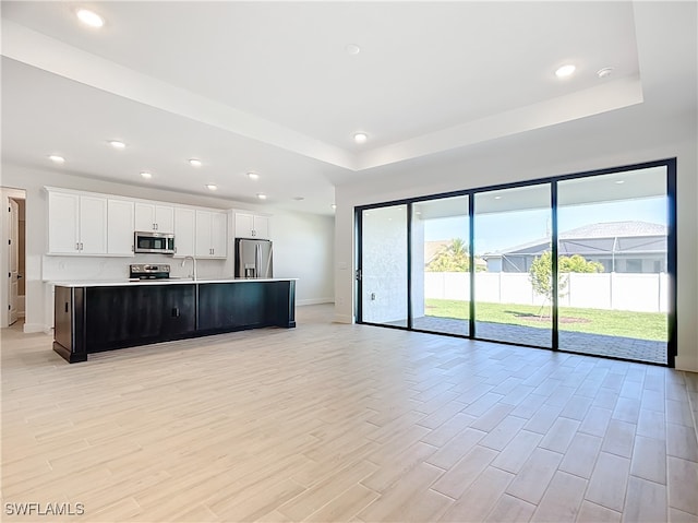 kitchen with white cabinetry, stainless steel appliances, a raised ceiling, and a kitchen island with sink