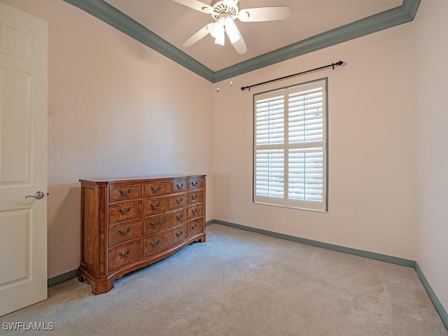 bedroom with ceiling fan, light colored carpet, and ornamental molding