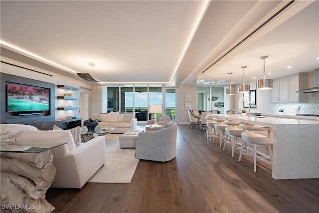 living room featuring dark hardwood / wood-style floors, expansive windows, and sink