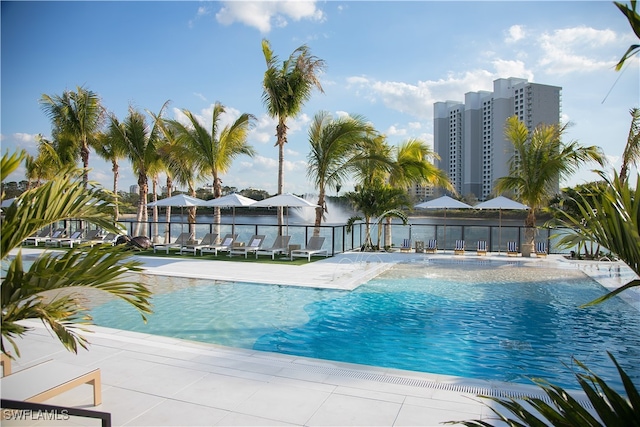 view of swimming pool with a patio area