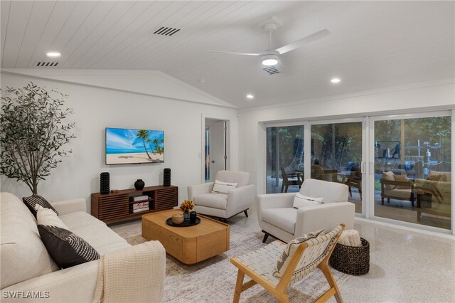 living room with lofted ceiling, ceiling fan, and wooden ceiling