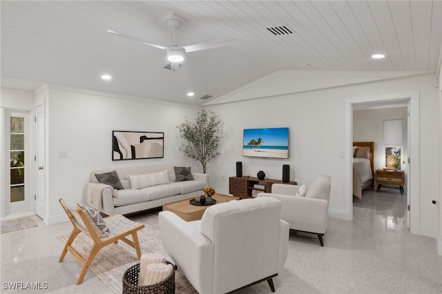 living room with ceiling fan, lofted ceiling, and wooden ceiling